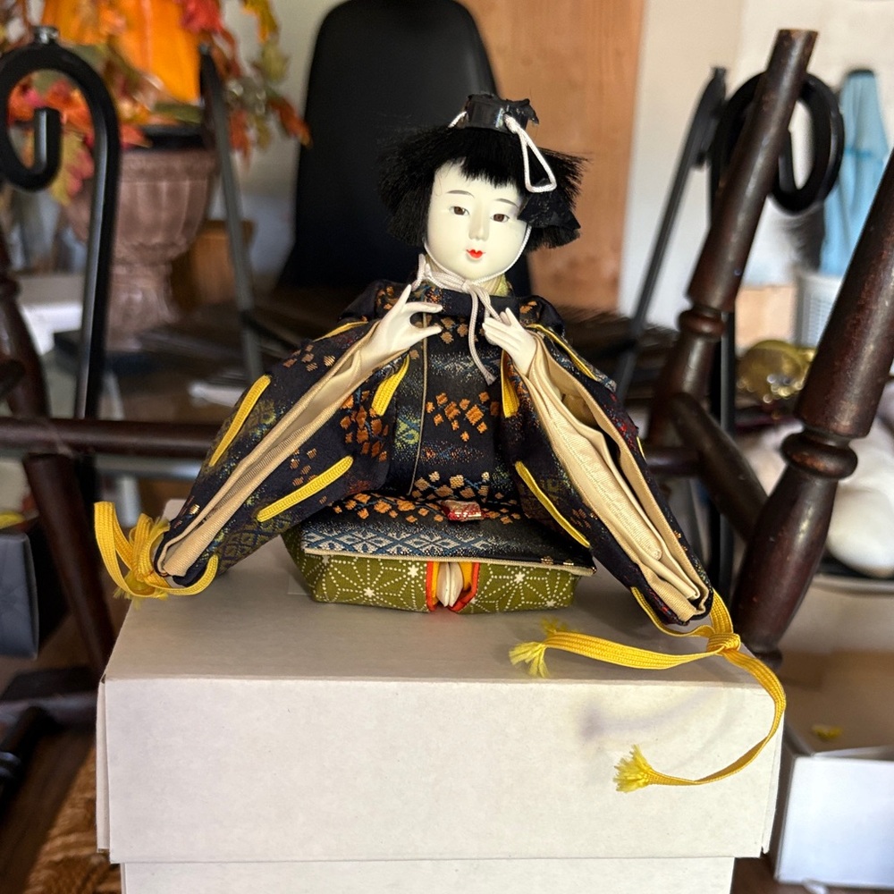 Traditional Japanese Doll with Black and Gold Kimono